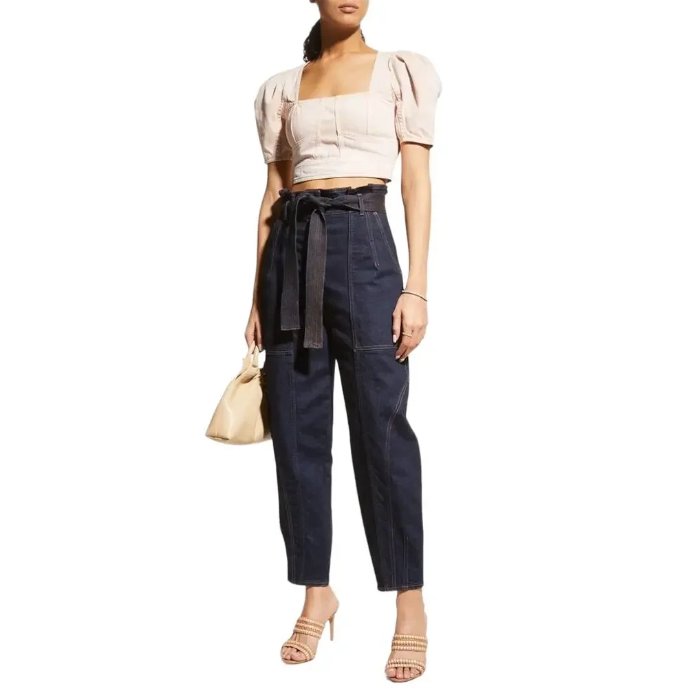 Ulla Johnson Renee Denim Bustier Puff Sleeve Crop Top - Sweetbriar - 6